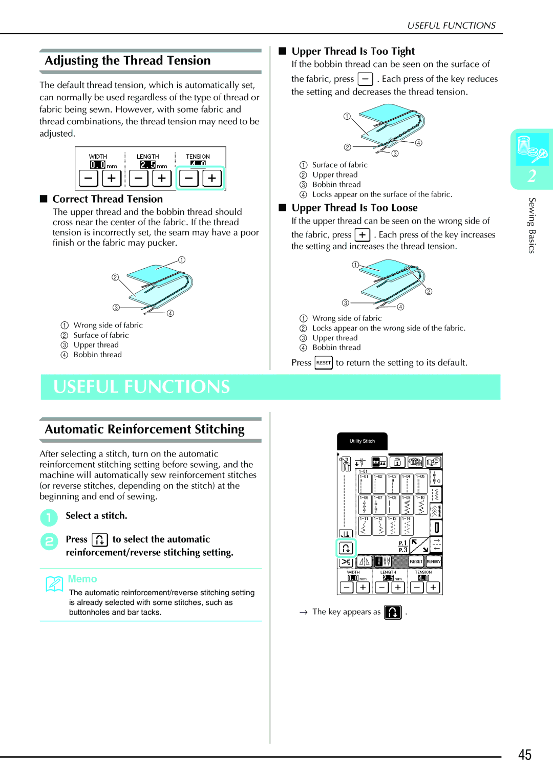 Brother QC 1000 operation manual Useful Functions, Adjusting the Thread Tension, Automatic Reinforcement Stitching 