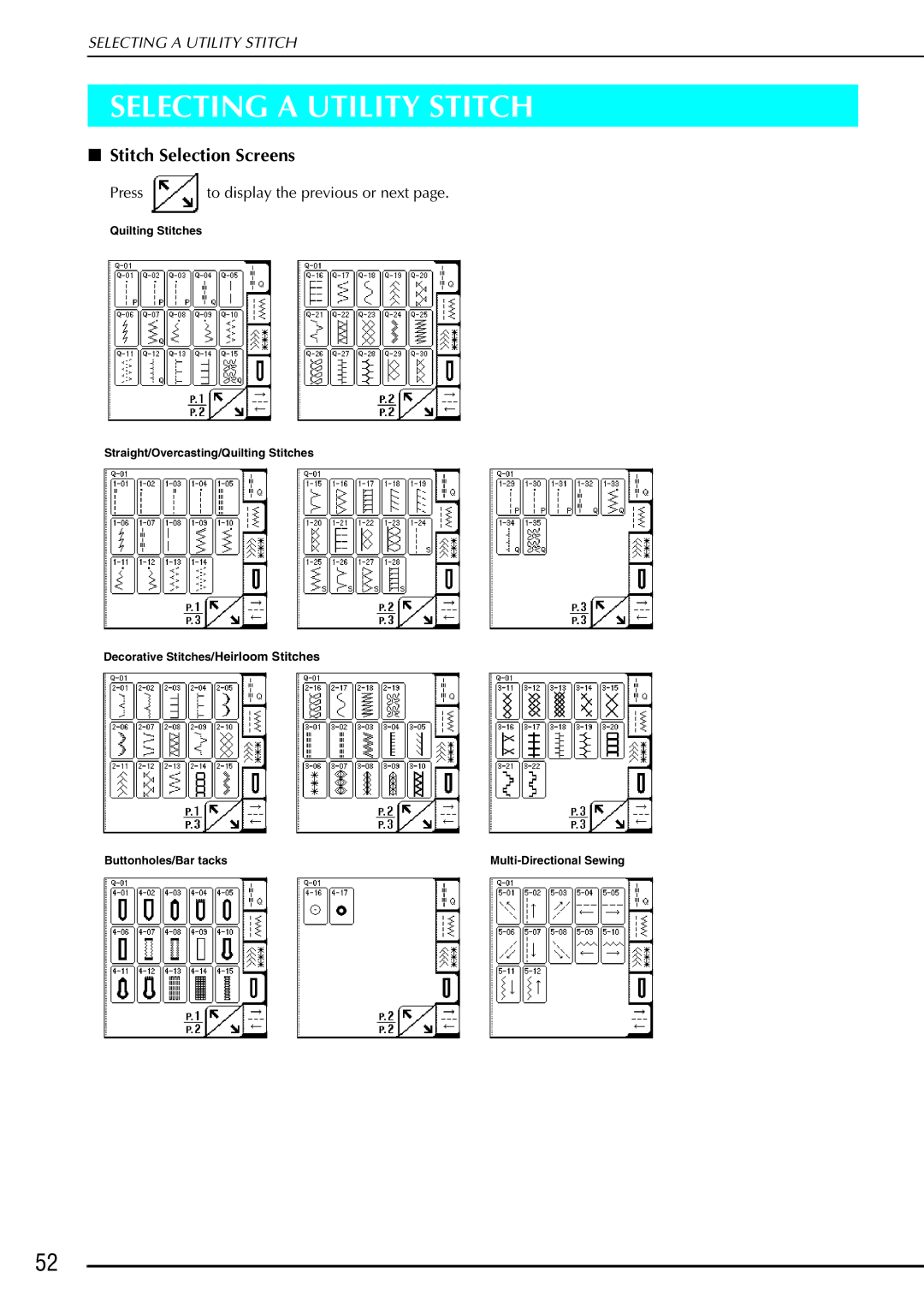 Brother QC 1000 operation manual Selecting a Utility Stitch, Stitch Selection Screens 