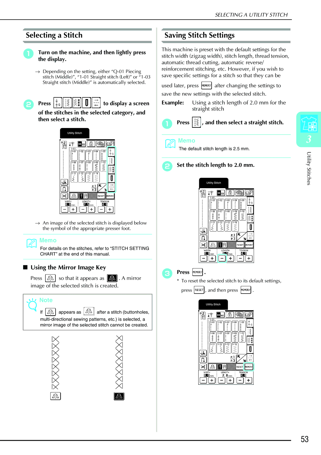 Brother QC 1000 operation manual Selecting a Stitch, Saving Stitch Settings, Using the Mirror Image Key 