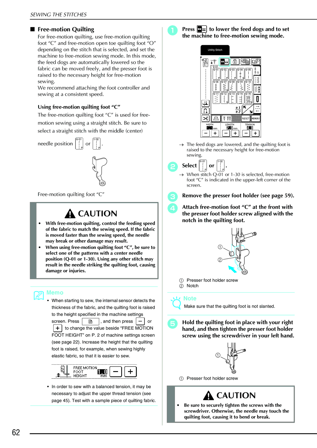 Brother QC 1000 operation manual Free-motion Quilting, Select or, Remove the presser foot holder see 