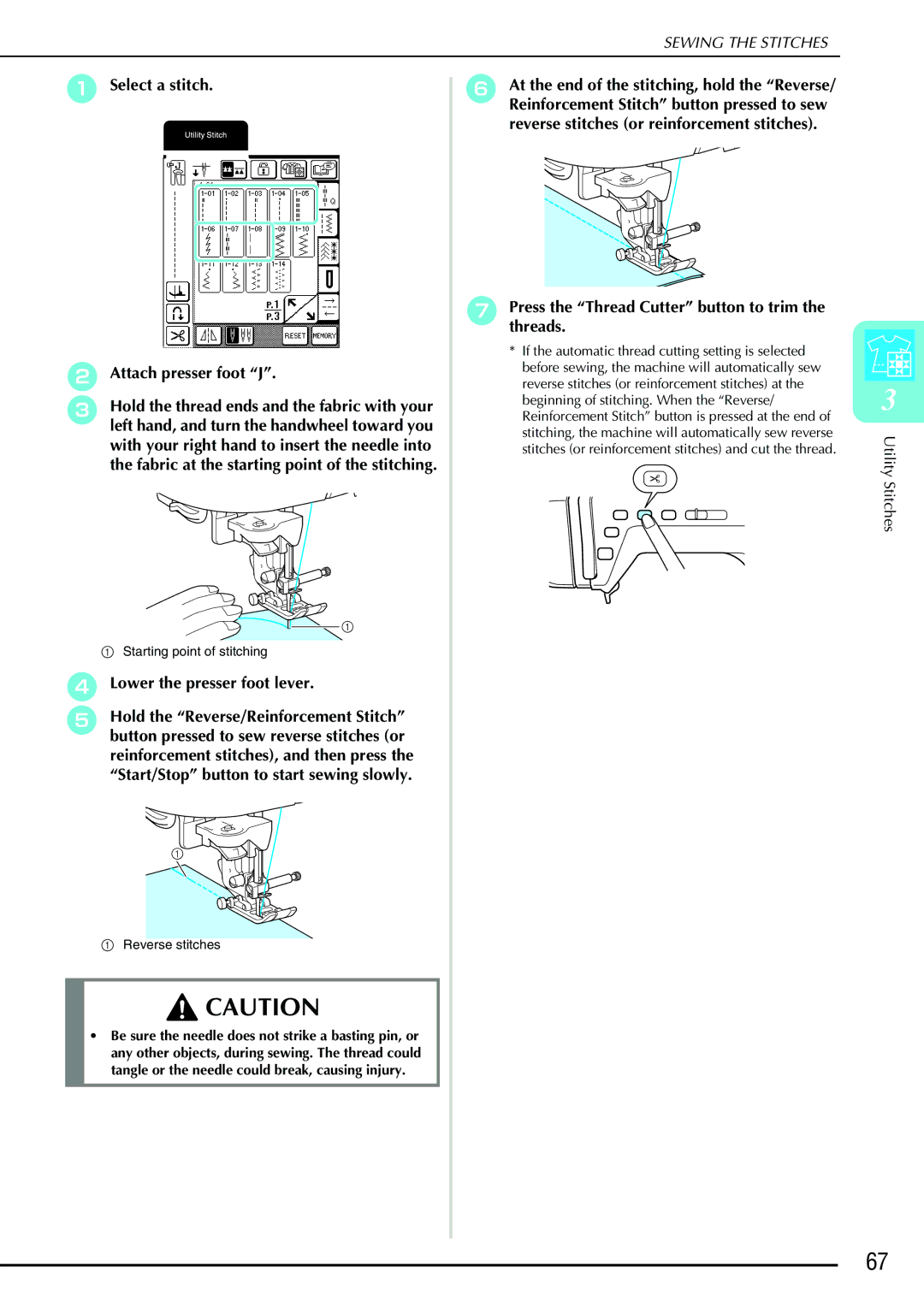 Brother QC 1000 operation manual Select a stitch Attach presser foot J, Reverse stitches 