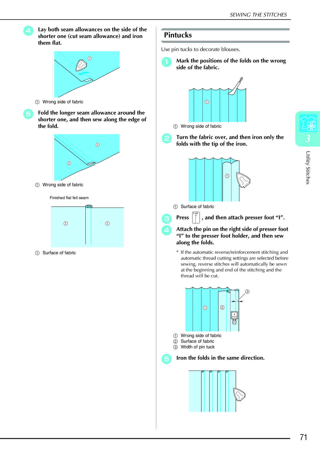 Brother QC 1000 operation manual Pintucks, Iron the folds in the same direction 