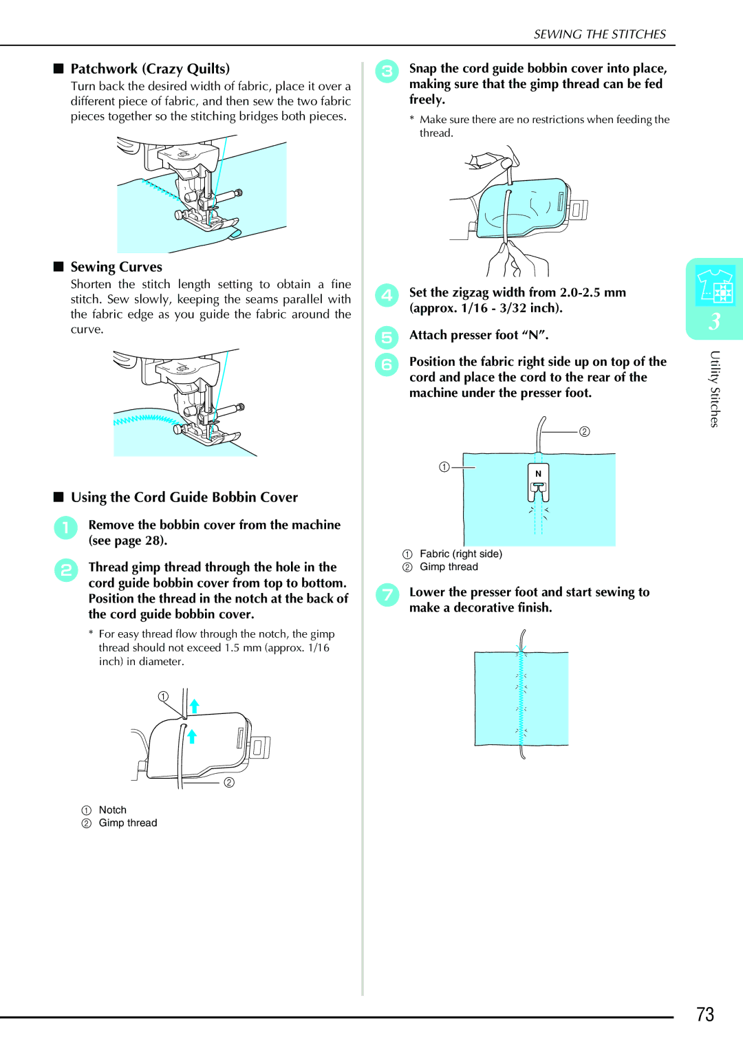 Brother QC 1000 operation manual Patchwork Crazy Quilts, Sewing Curves, Using the Cord Guide Bobbin Cover 