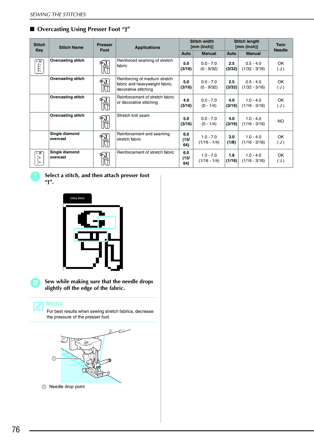 Brother QC 1000 operation manual Overcasting Using Presser Foot J 