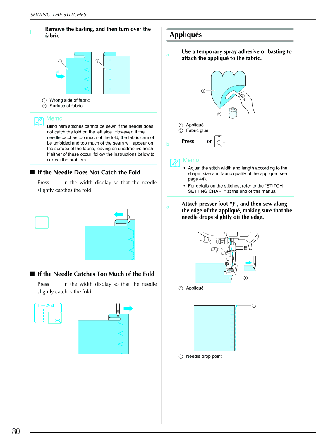 Brother QC 1000 Appliqués, If the Needle Does Not Catch the Fold, If the Needle Catches Too Much of the Fold, Press or 