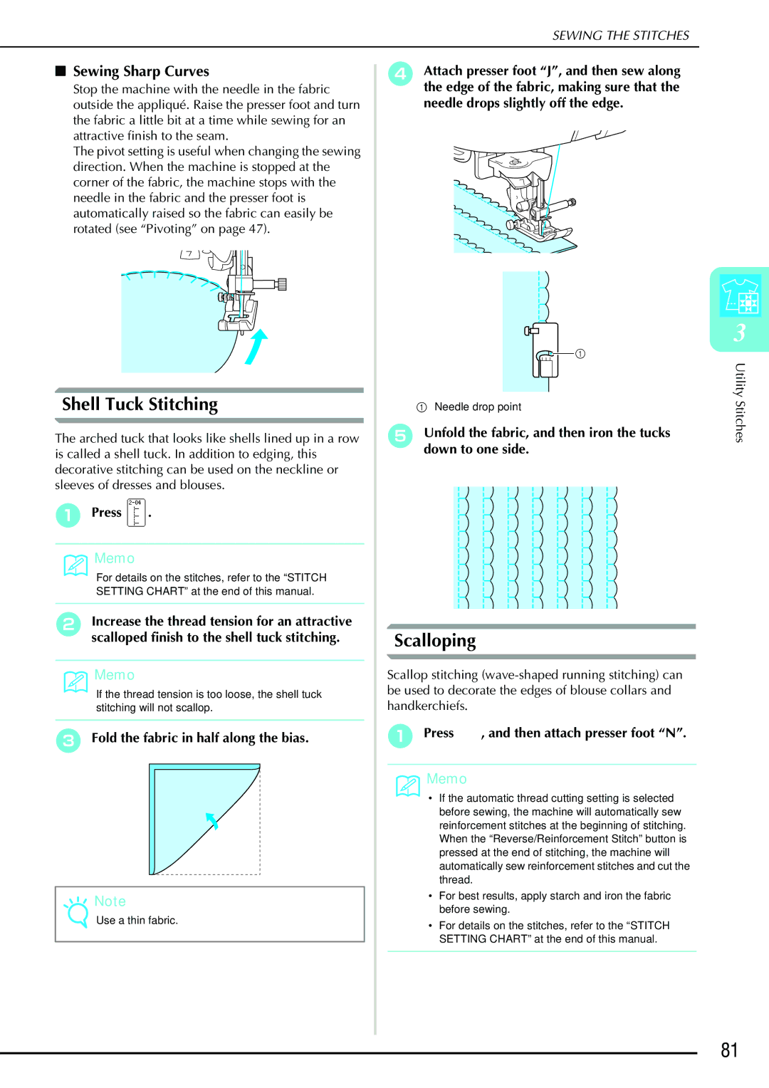 Brother QC 1000 operation manual Shell Tuck Stitching, Scalloping, Sewing Sharp Curves 