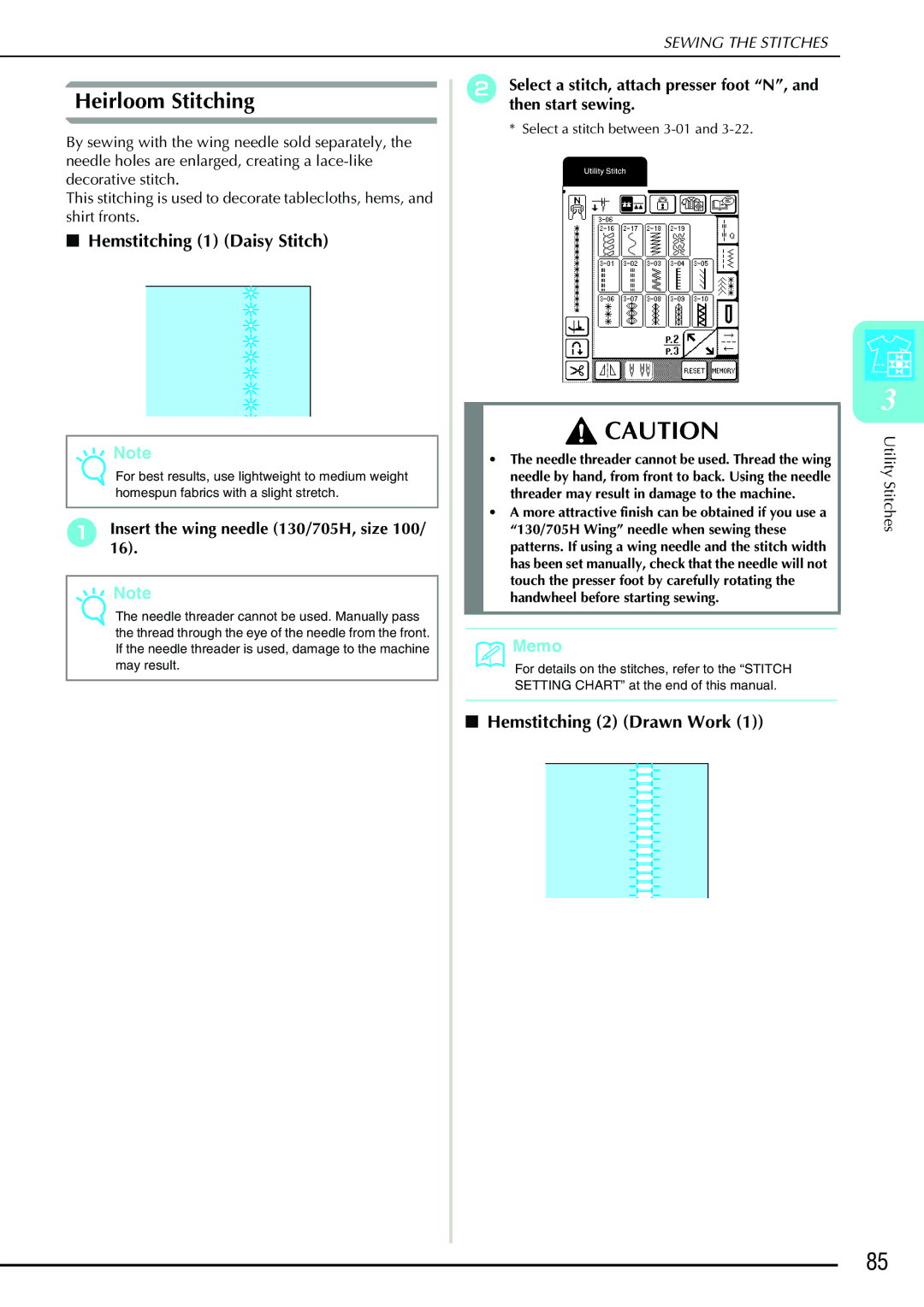 Brother QC 1000 operation manual Heirloom Stitching, Hemstitching 1 Daisy Stitch, Hemstitching 2 Drawn Work 