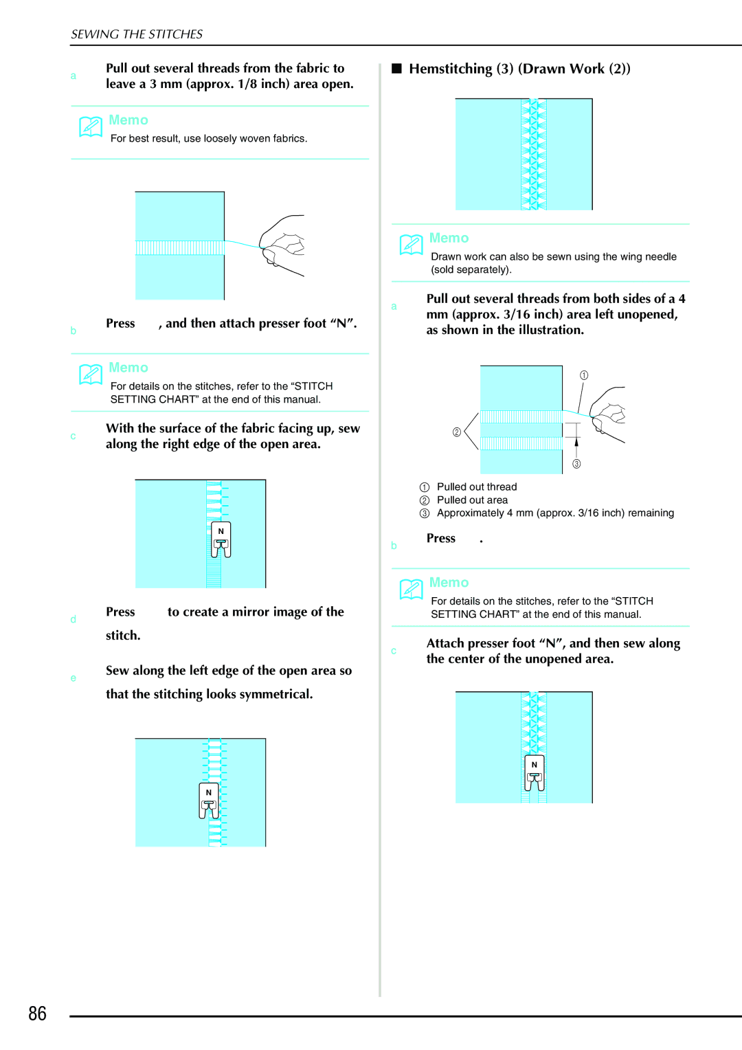 Brother QC 1000 operation manual Hemstitching 3 Drawn Work, Press to create a mirror image of the stitch 