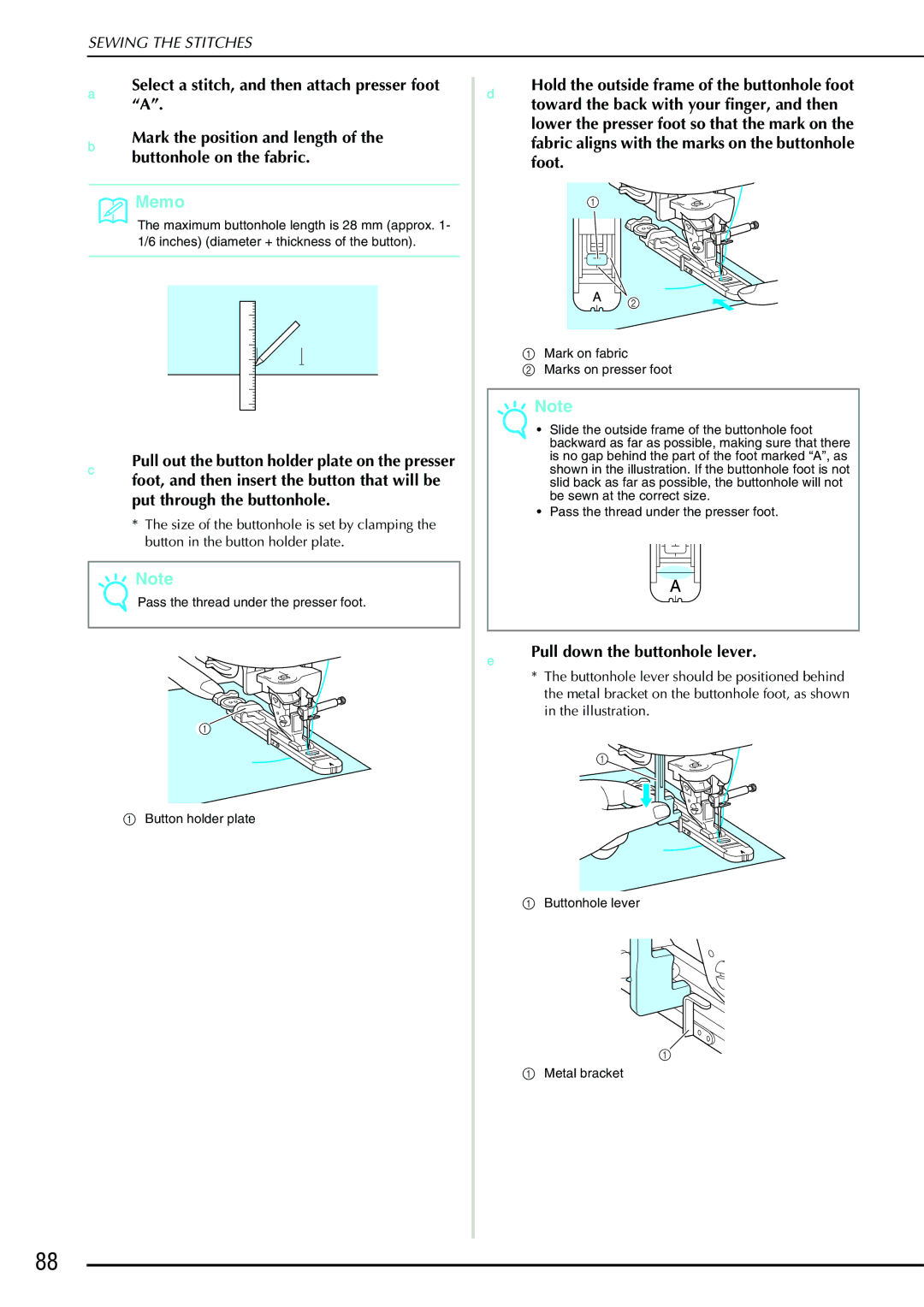 Brother QC 1000 Mark the position and length of the buttonhole on the fabric, Pull down the buttonhole lever 