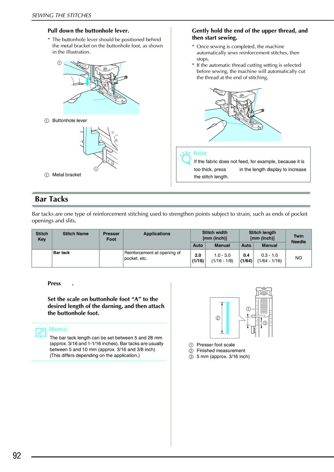 Brother QC 1000 operation manual Bar Tacks, Pull down the buttonhole lever 