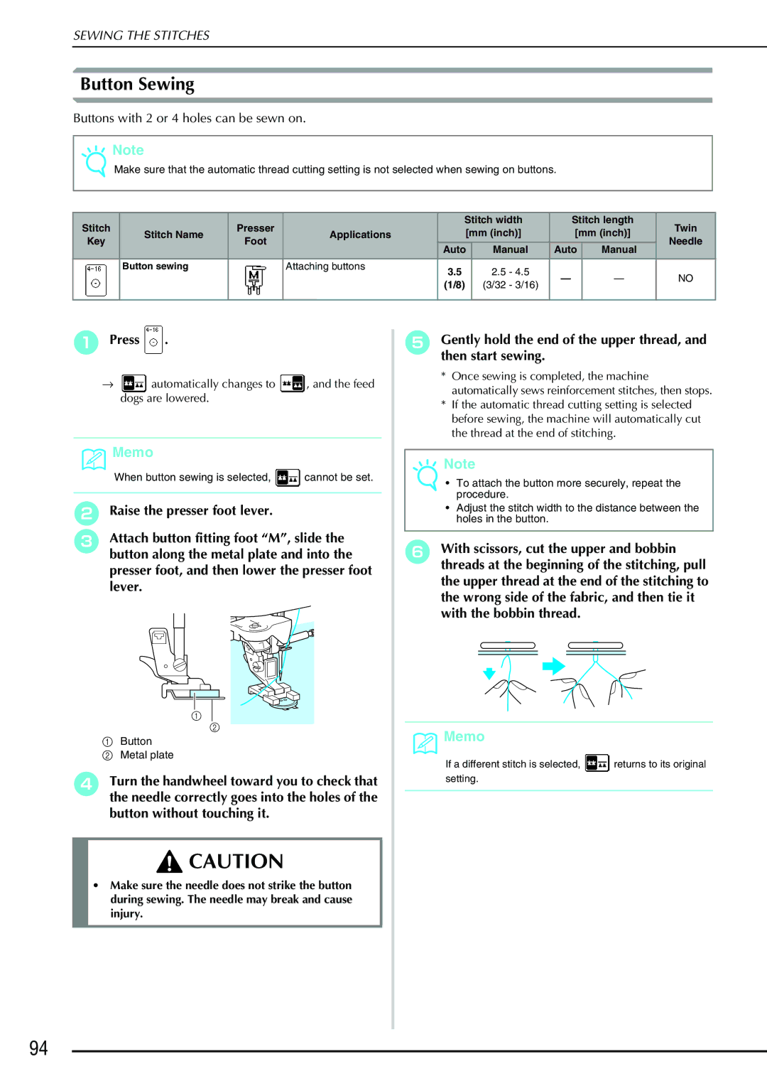 Brother QC 1000 operation manual Button Sewing, Buttons with 2 or 4 holes can be sewn on 