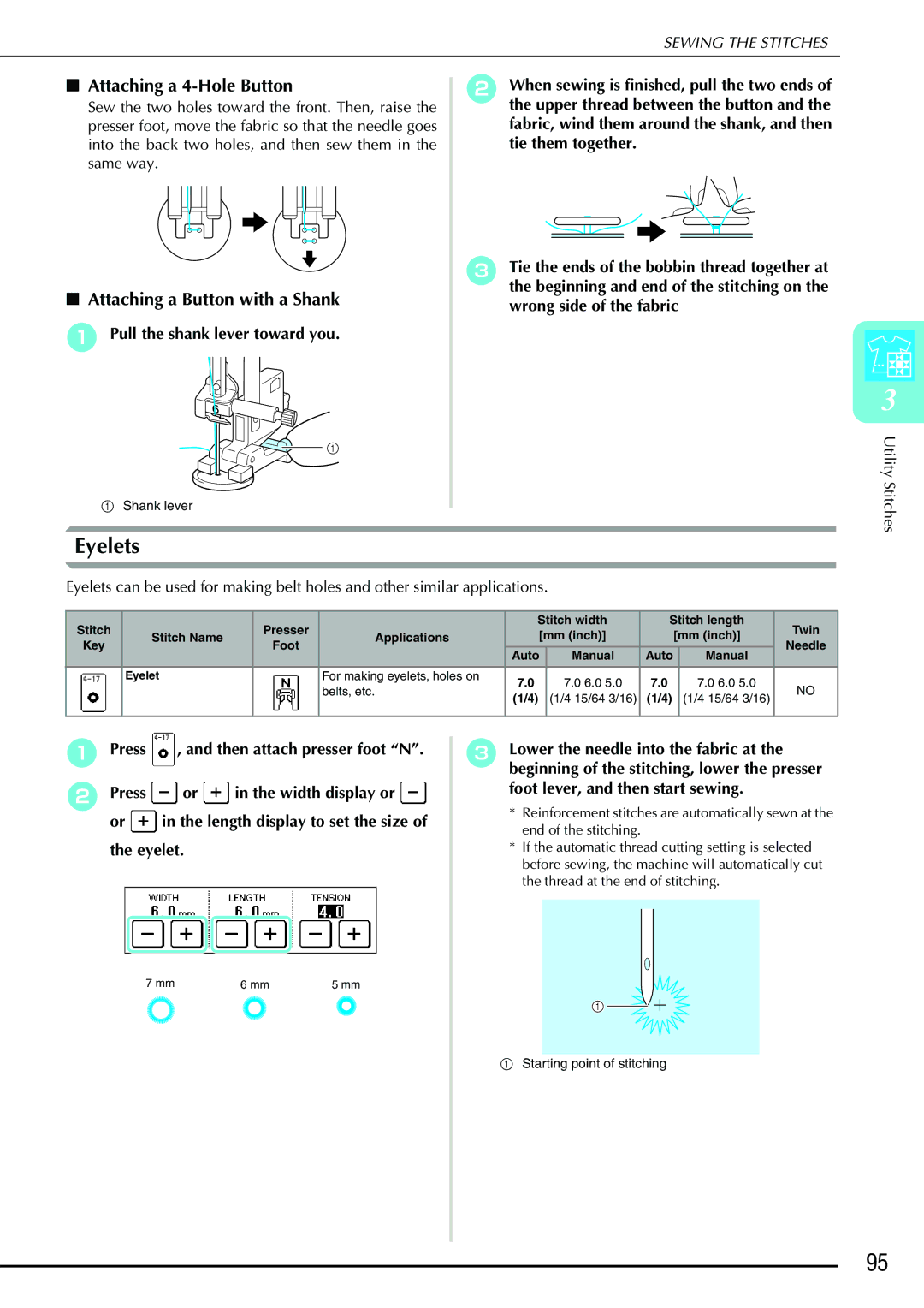 Brother QC 1000 operation manual Eyelets, Attaching a 4-Hole Button, Attaching a Button with a Shank 