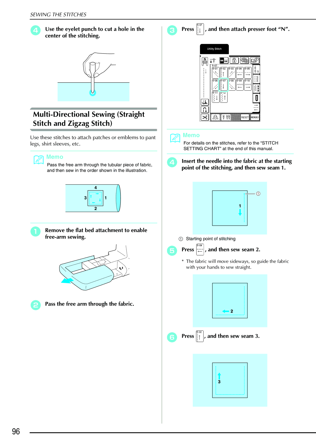 Brother QC 1000 operation manual Multi-Directional Sewing Straight Stitch and Zigzag Stitch, Press , and then sew seam 