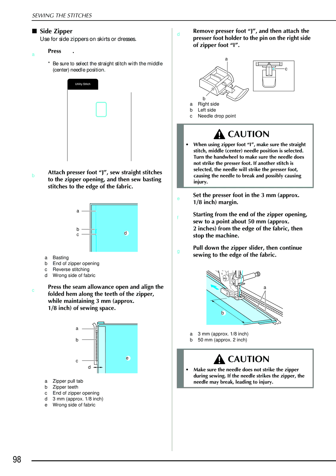 Brother QC 1000 operation manual Side Zipper, Inch of sewing space, Set the presser foot in the 3 mm approx /8 inch margin 