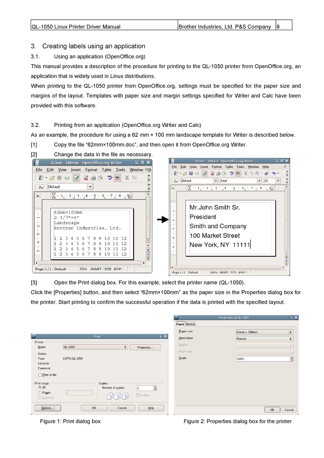 Brother QL-1050 manual Creating labels using an application, Print dialog box 