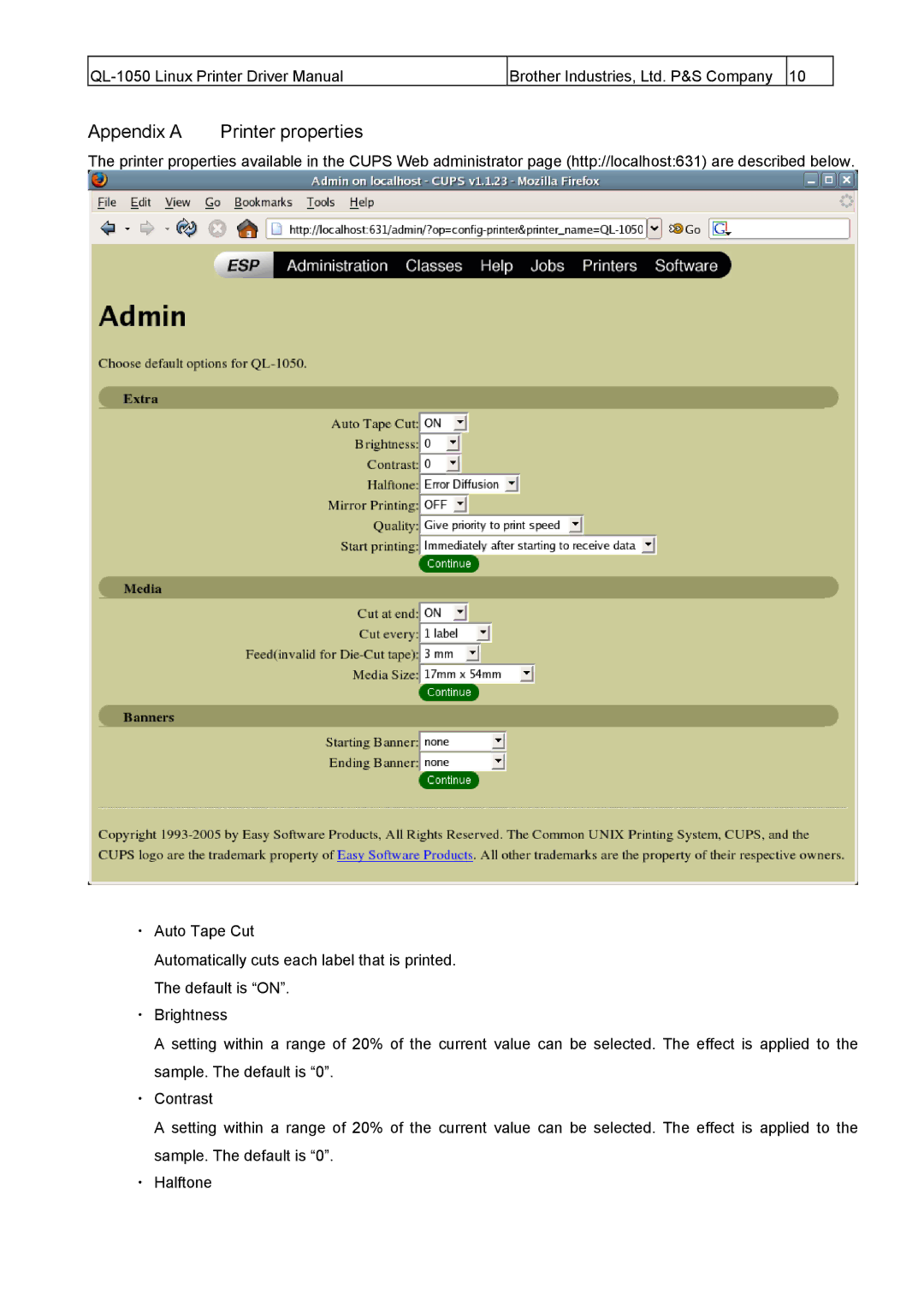 Brother QL-1050 manual Appendix a Printer properties 