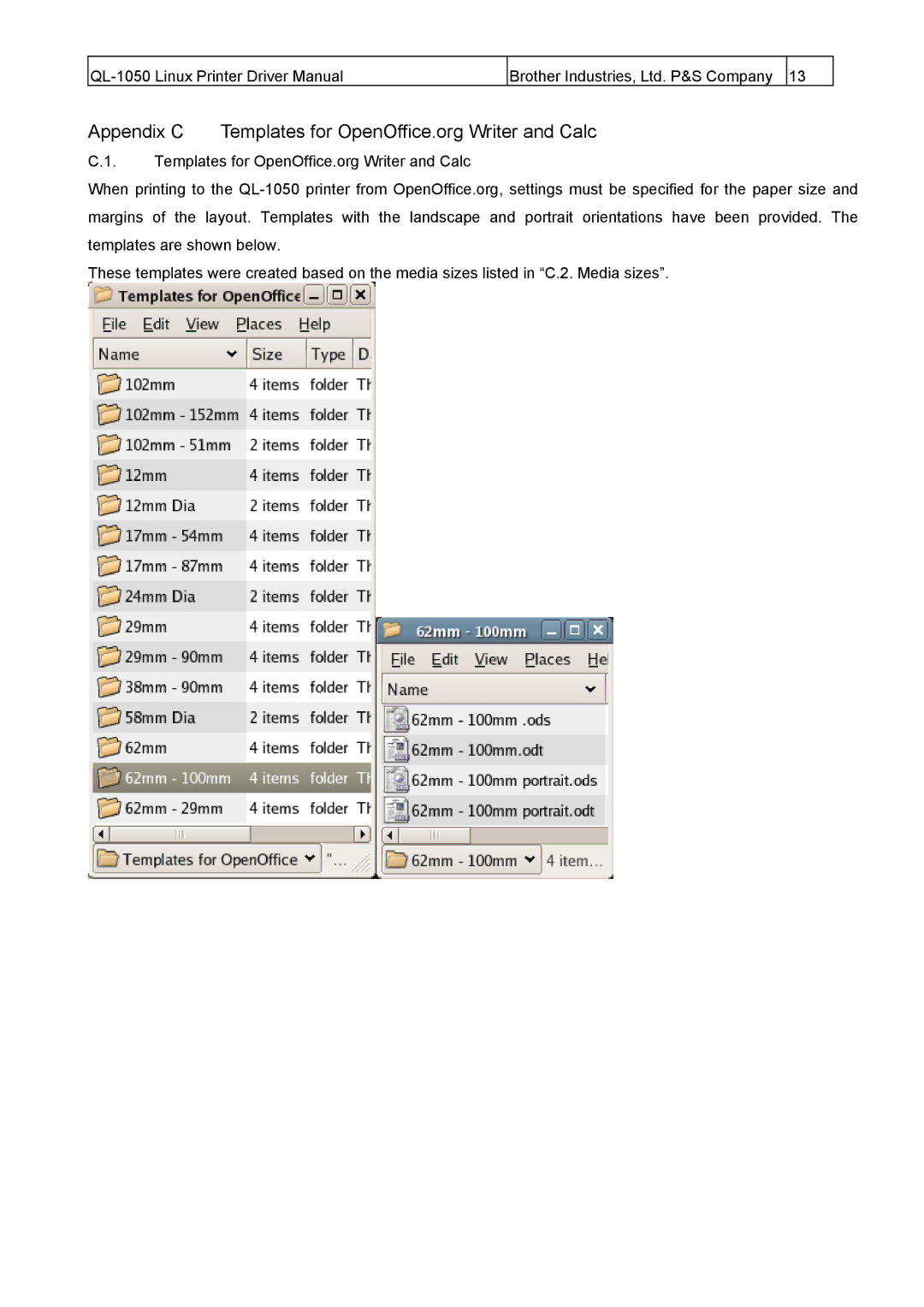 Brother QL-1050 manual Appendix C Templates for OpenOffice.org Writer and Calc 