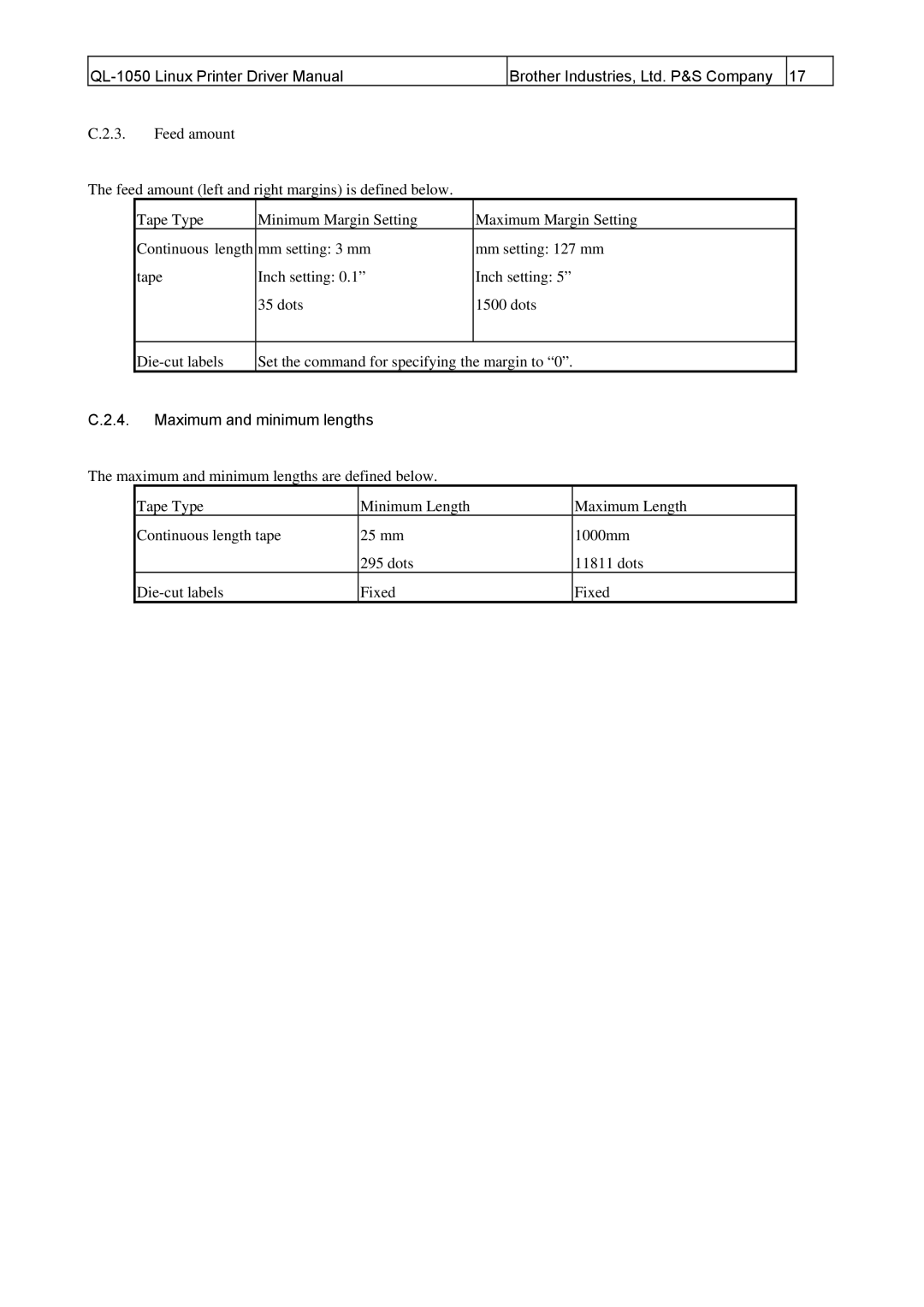 Brother QL-1050 manual Maximum and minimum lengths 