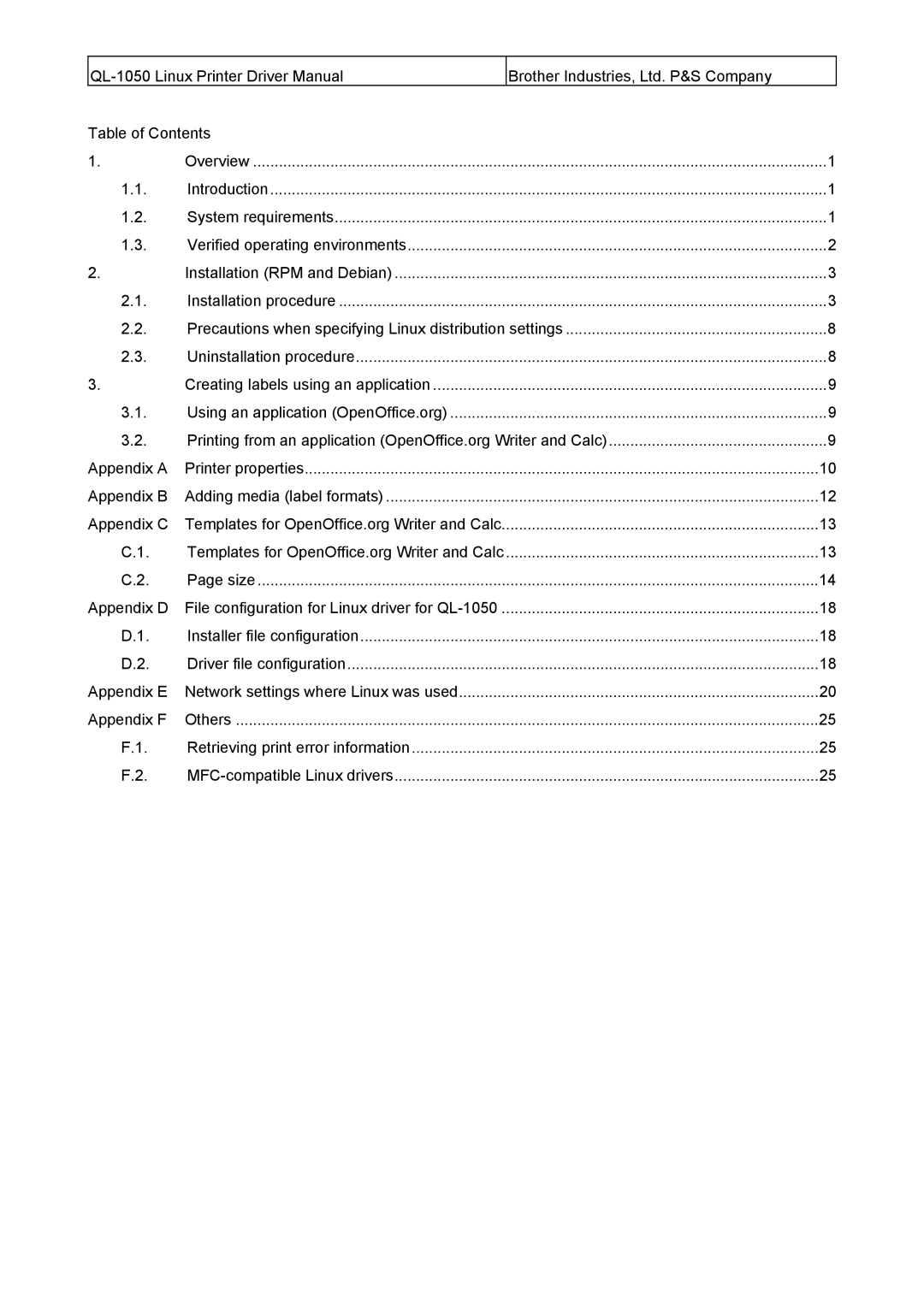 Brother manual Appendix D File configuration for Linux driver for QL-1050 