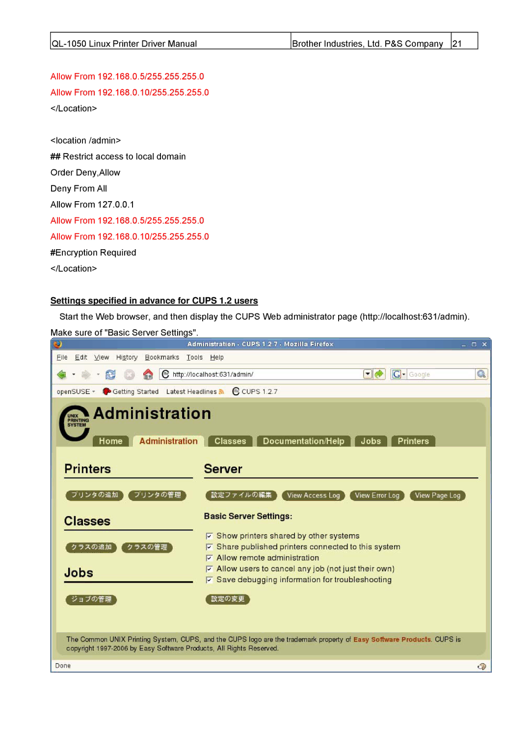 Brother QL-1050 manual Settings specified in advance for Cups 1.2 users 