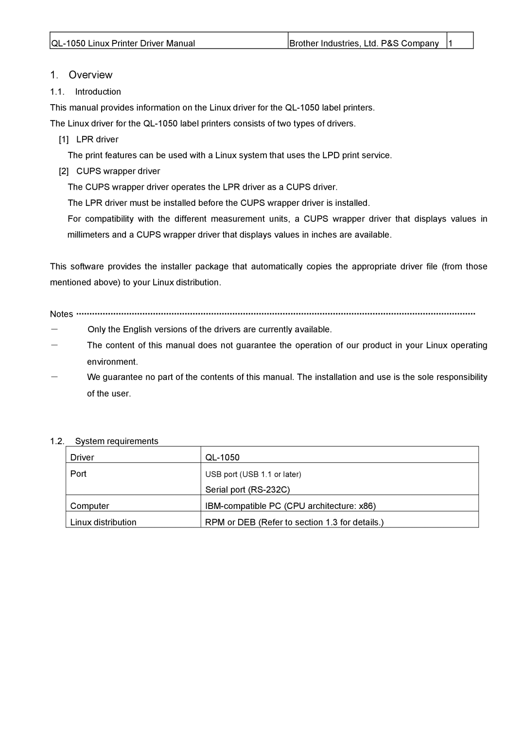 Brother QL-1050 manual Overview 