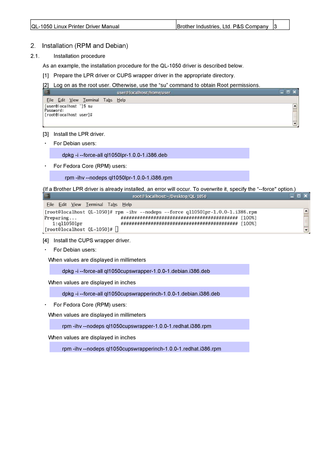 Brother QL-1050 manual Installation RPM and Debian 