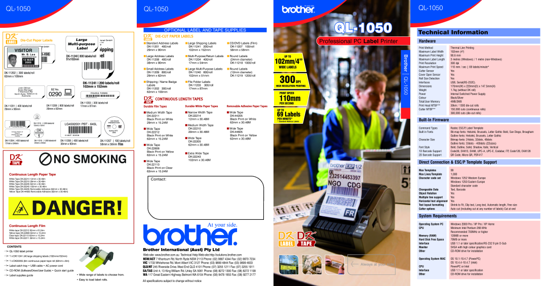 Brother QL-1050 specifications Technical Information, Large Shipping, Hardware, Direct Connection & ESC/P Template Support 