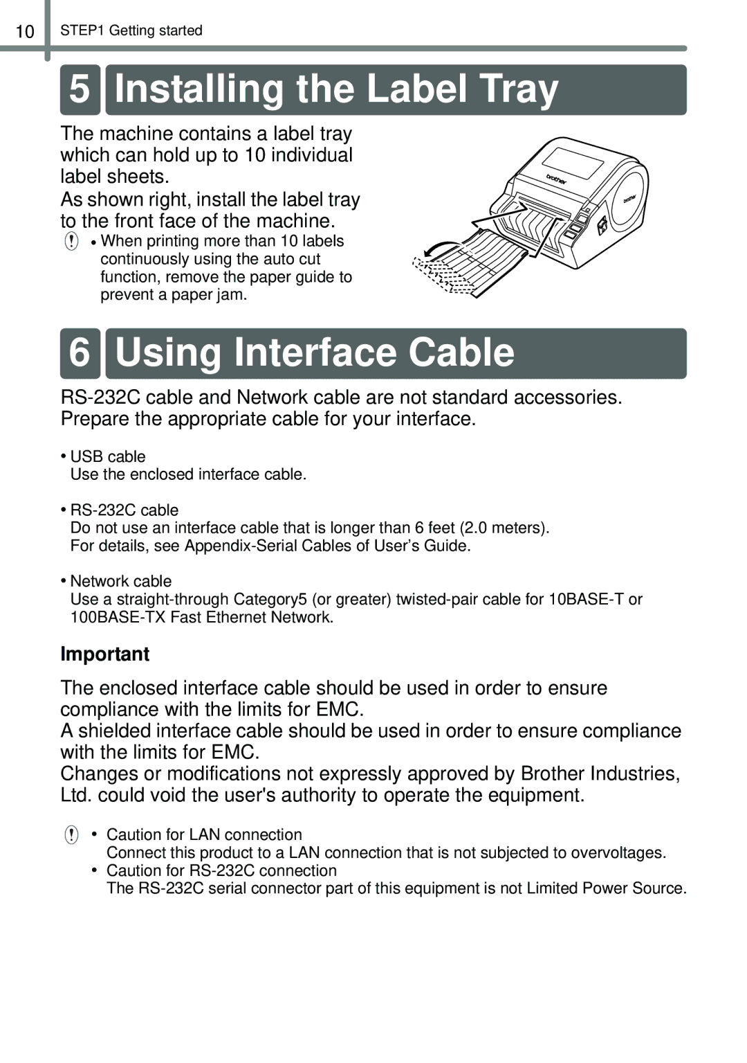 Brother QL-1050N manual Installing the Label Tray, Using Interface Cable 