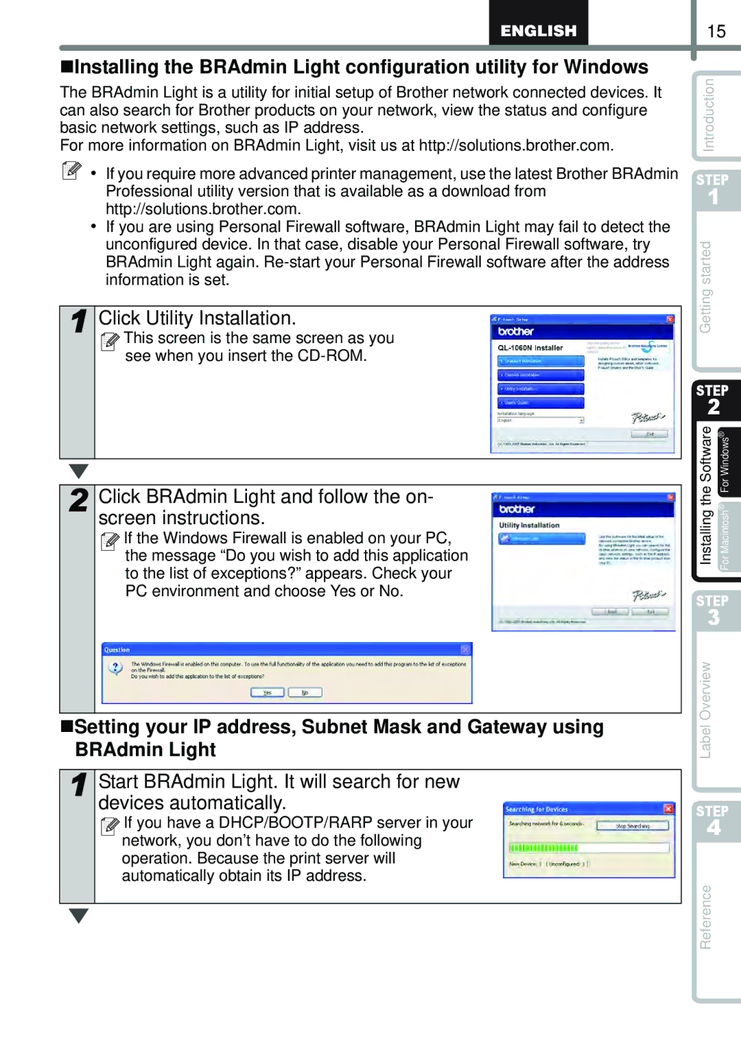 Brother QL-1050N manual Click Utility Installation, Click BRAdmin Light and follow the on- screen instructions 