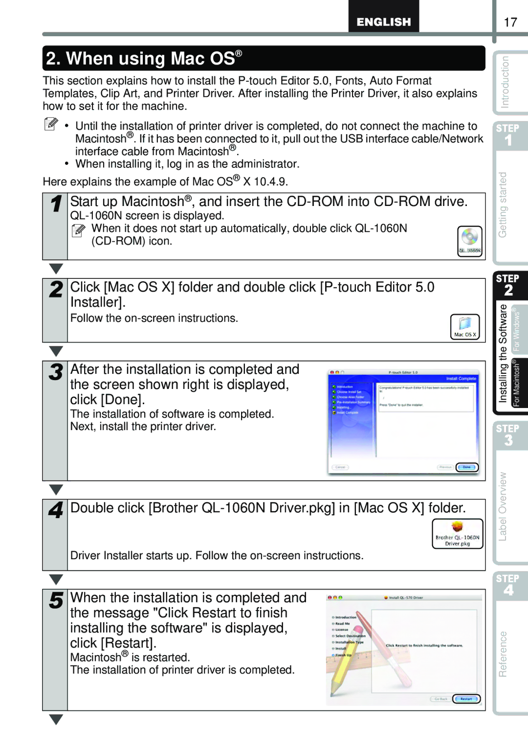 Brother QL-1050N manual When using Mac OS, Double click Brother QL-1060N Driver.pkg in Mac OS X folder 