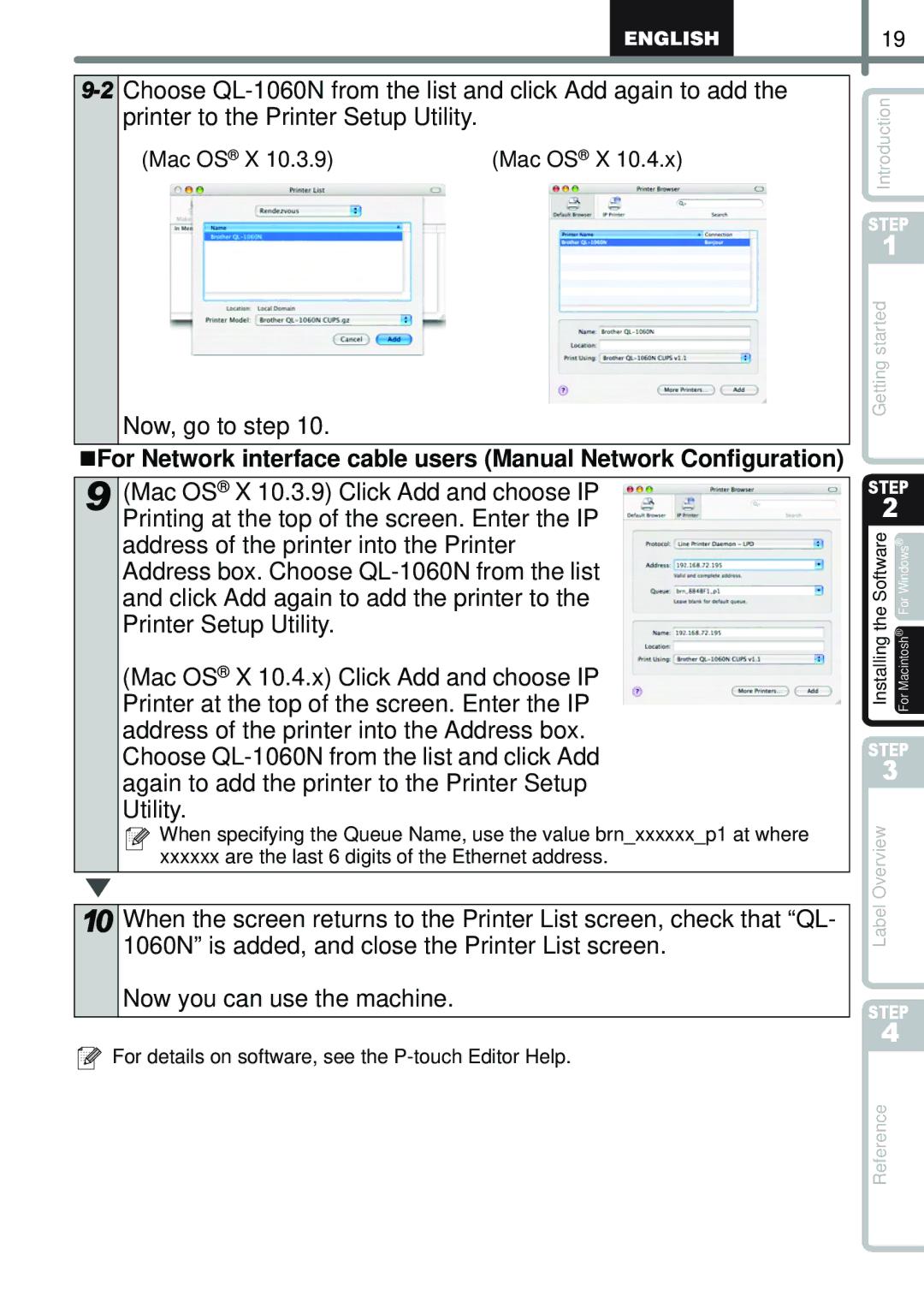 Brother QL-1050N manual Mac OS X 