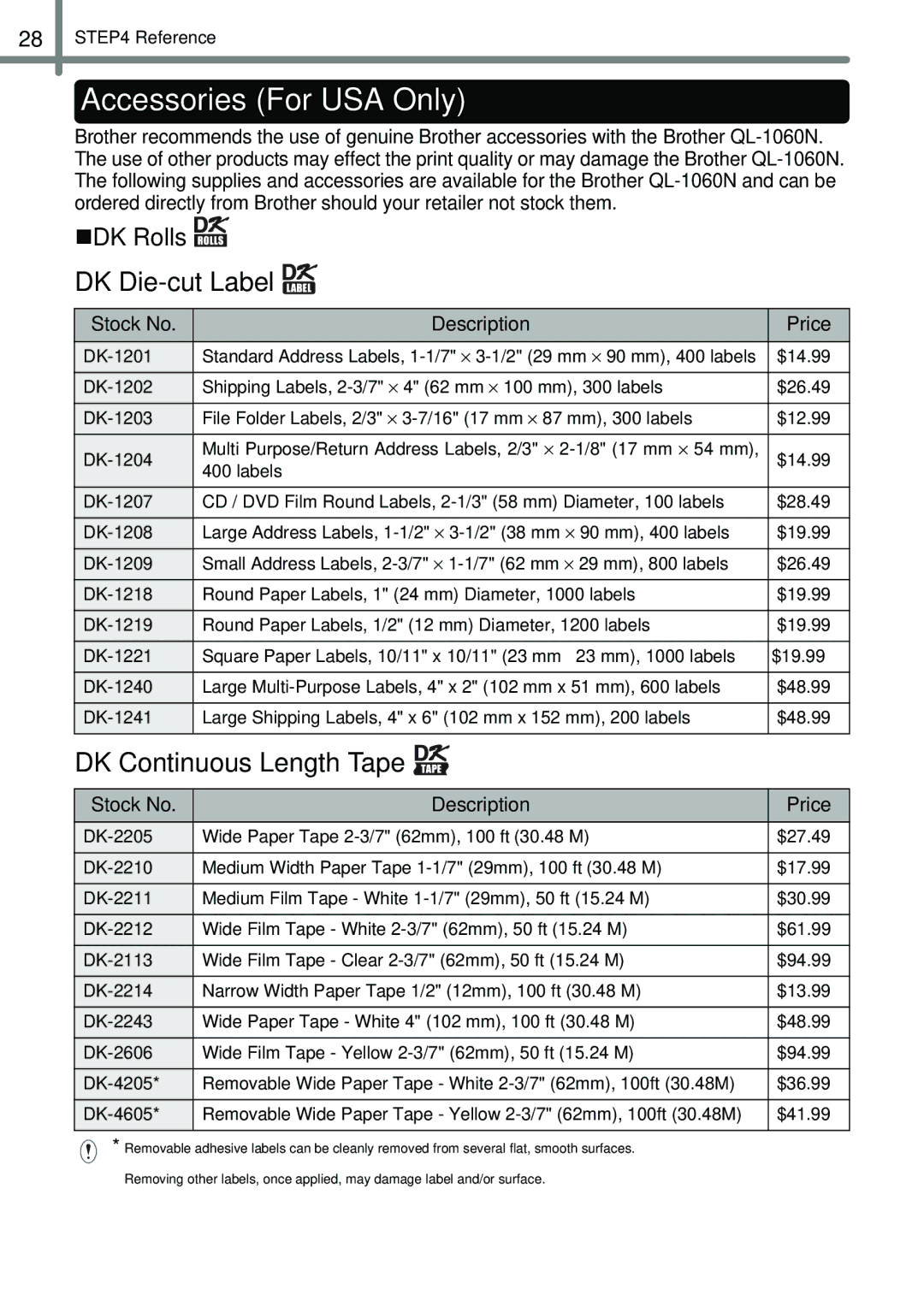 Brother QL-1050N manual Accessories For USA Only, „DK Rolls 