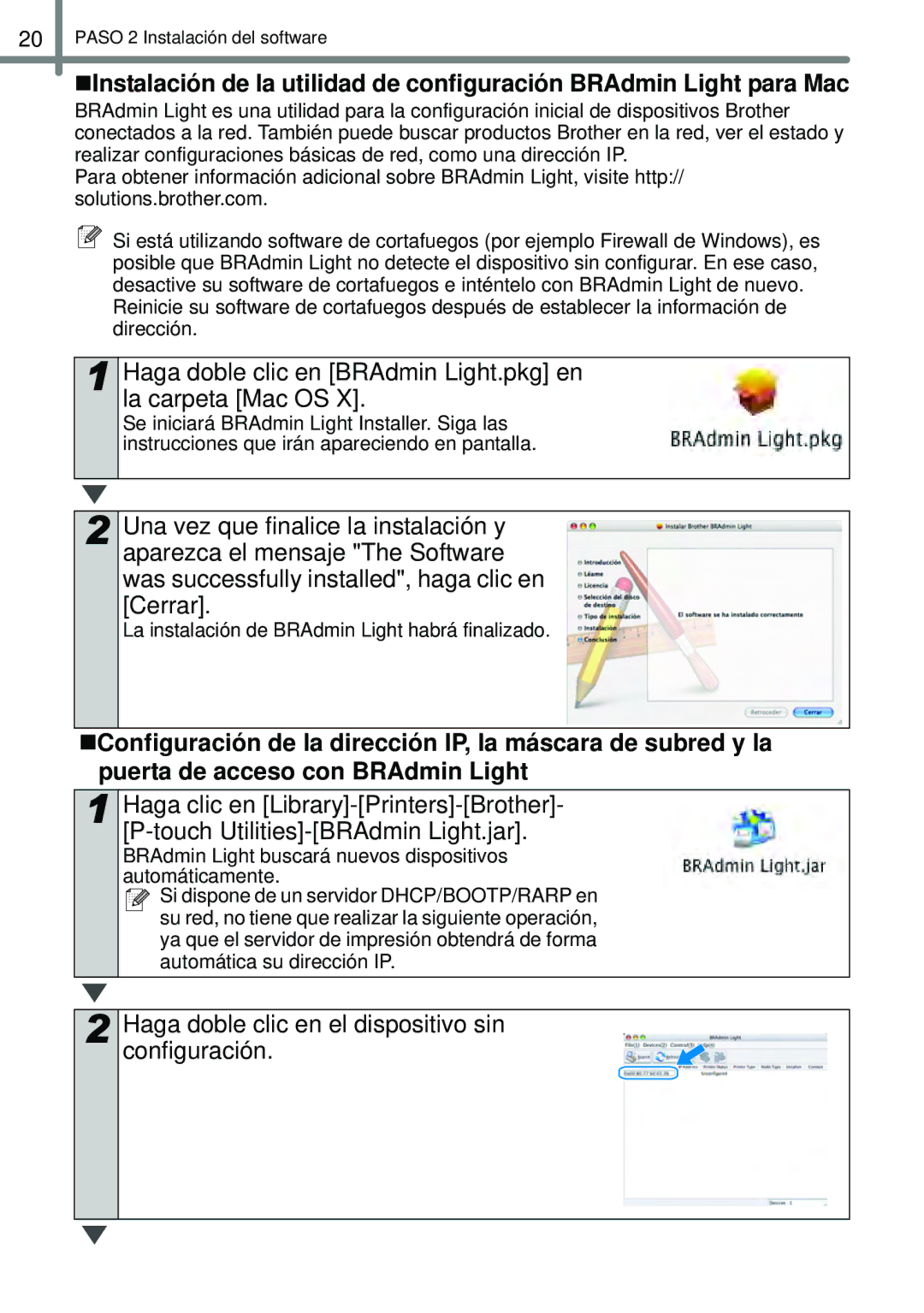 Brother QL-1050N manual Haga doble clic en BRAdmin Light.pkg en la carpeta Mac OS 