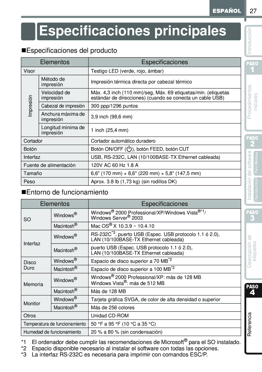 Brother QL-1050N manual Especificaciones principales, „Especificaciones del producto, „Entorno de funcionamiento 