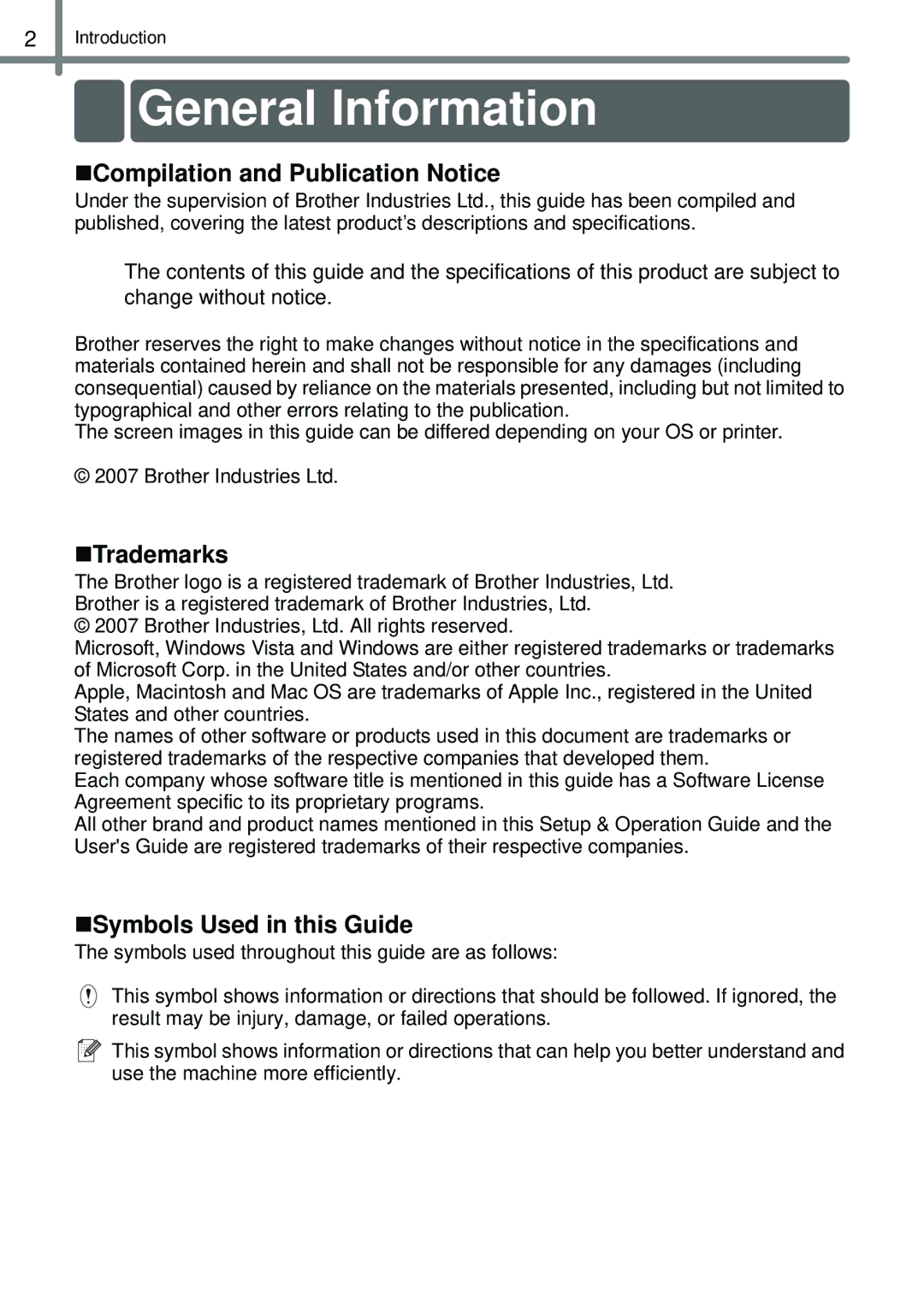 Brother QL-1050N manual General Information, „Compilation and Publication Notice, „Trademarks, „Symbols Used in this Guide 