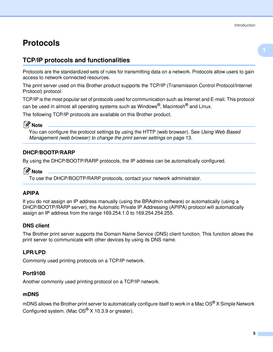 Brother QL-1060N manual Protocols, TCP/IP protocols and functionalities, DNS client, Port9100, Mdns 