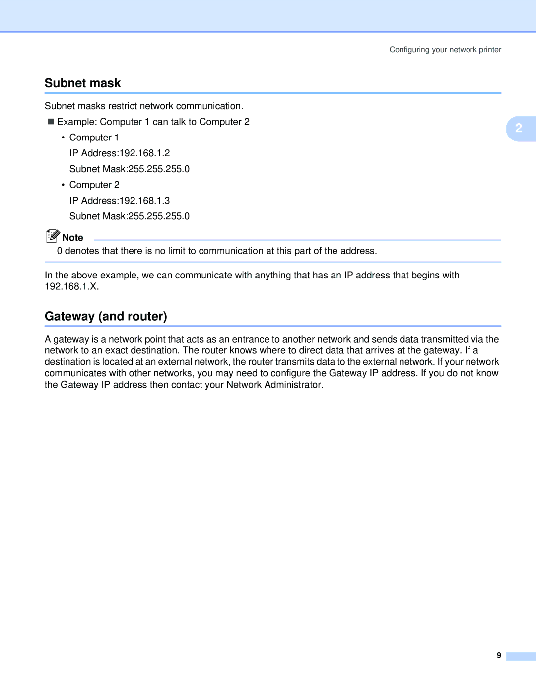 Brother QL-1060N manual Subnet mask, Gateway and router 