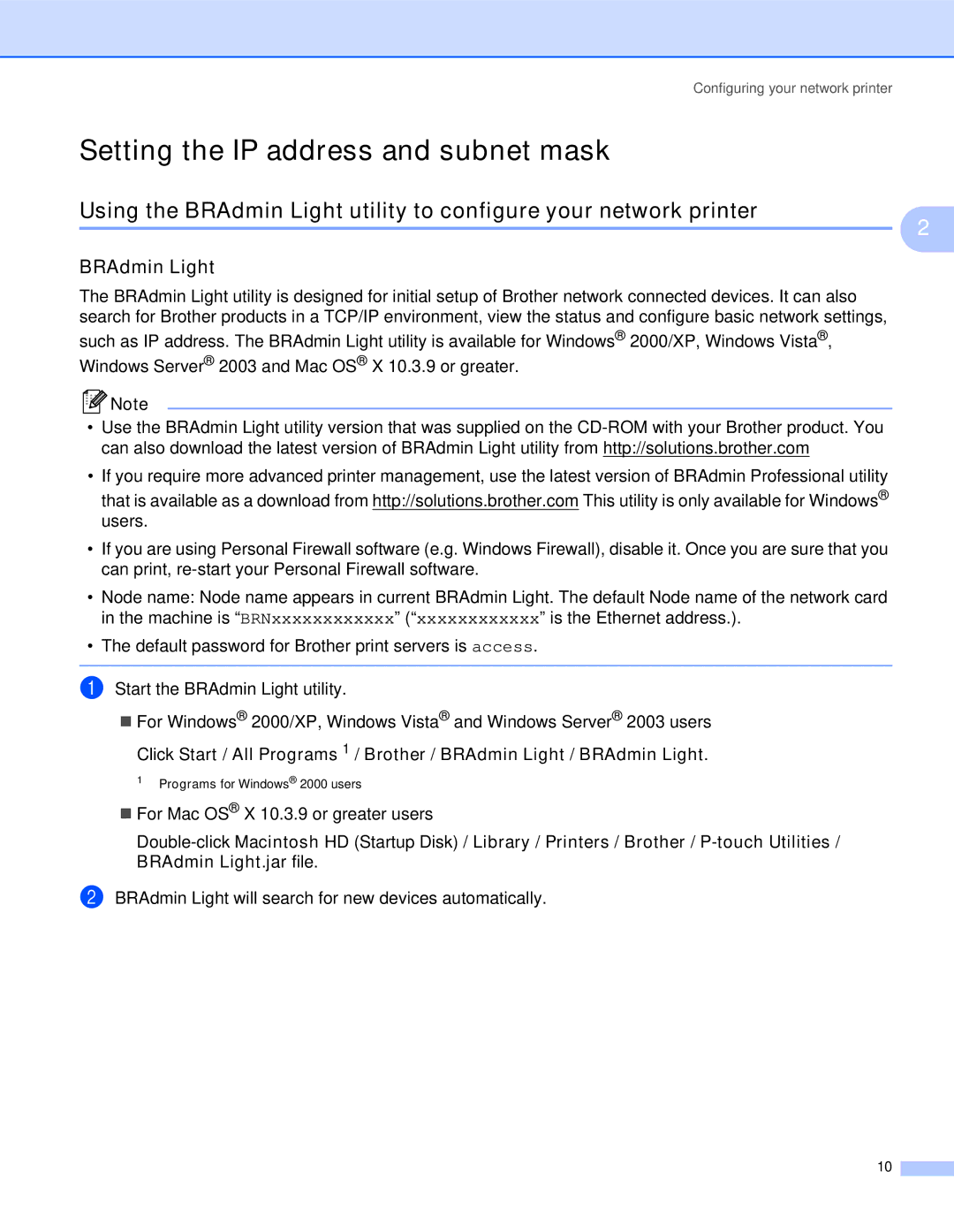 Brother QL-1060N manual Setting the IP address and subnet mask, BRAdmin Light 