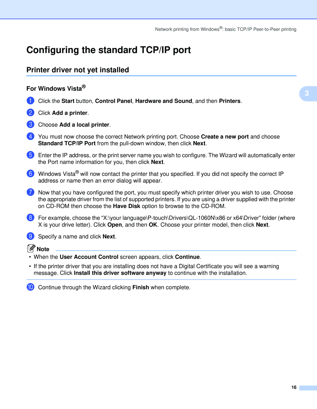 Brother QL-1060N manual Configuring the standard TCP/IP port, Printer driver not yet installed 