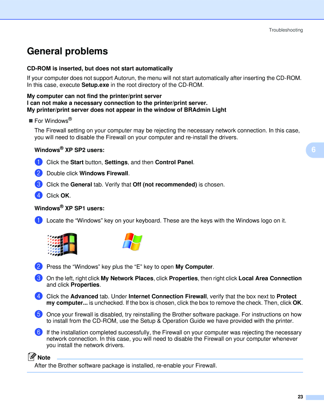 Brother QL-1060N manual General problems, CD-ROM is inserted, but does not start automatically, Windows XP SP2 users 