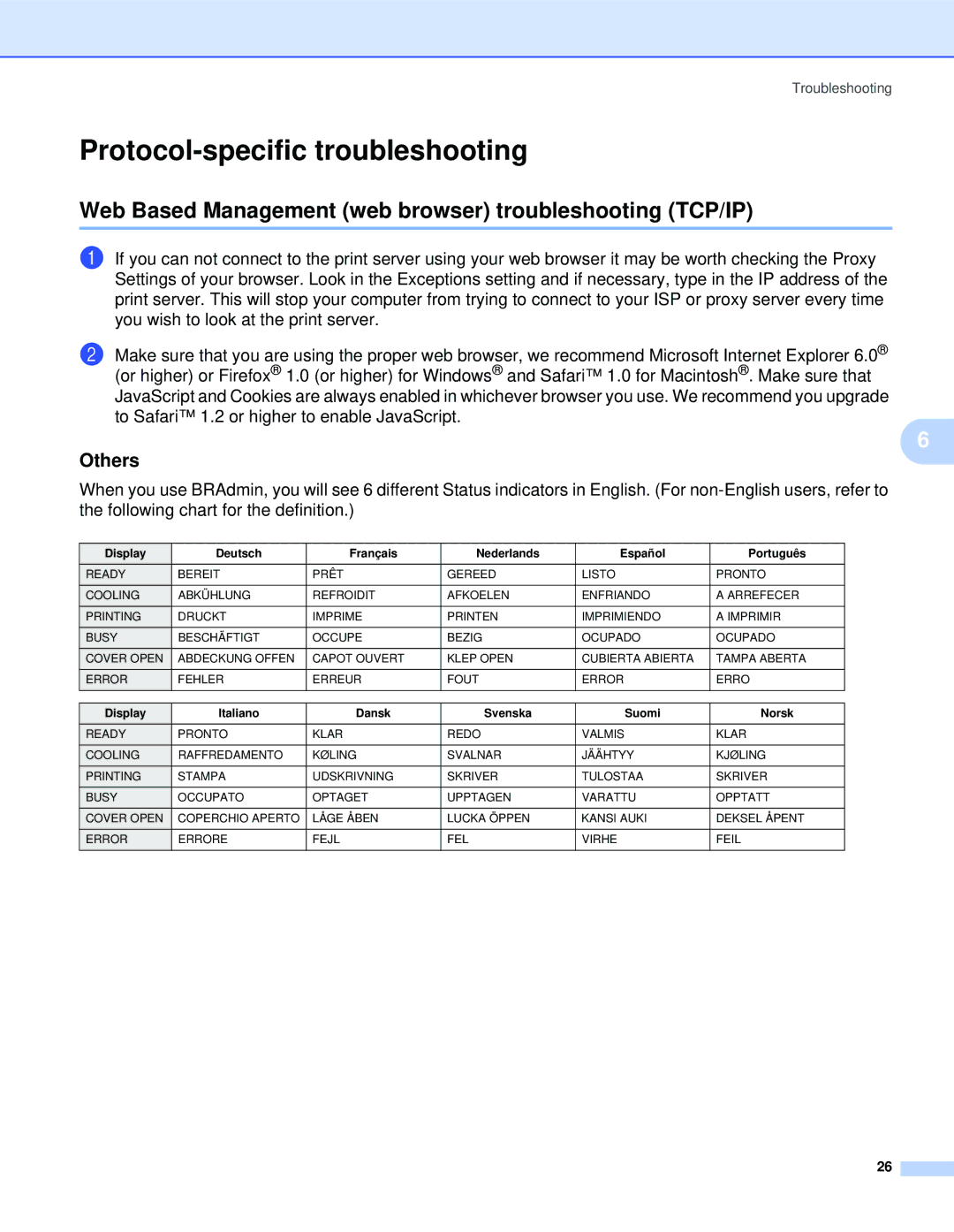 Brother QL-1060N manual Protocol-specific troubleshooting, Web Based Management web browser troubleshooting TCP/IP, Others 