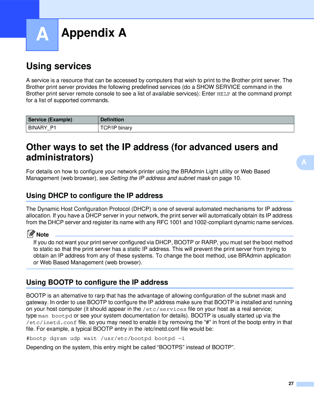 Brother QL-1060N manual Appendix a, Using services, Using Dhcp to configure the IP address 