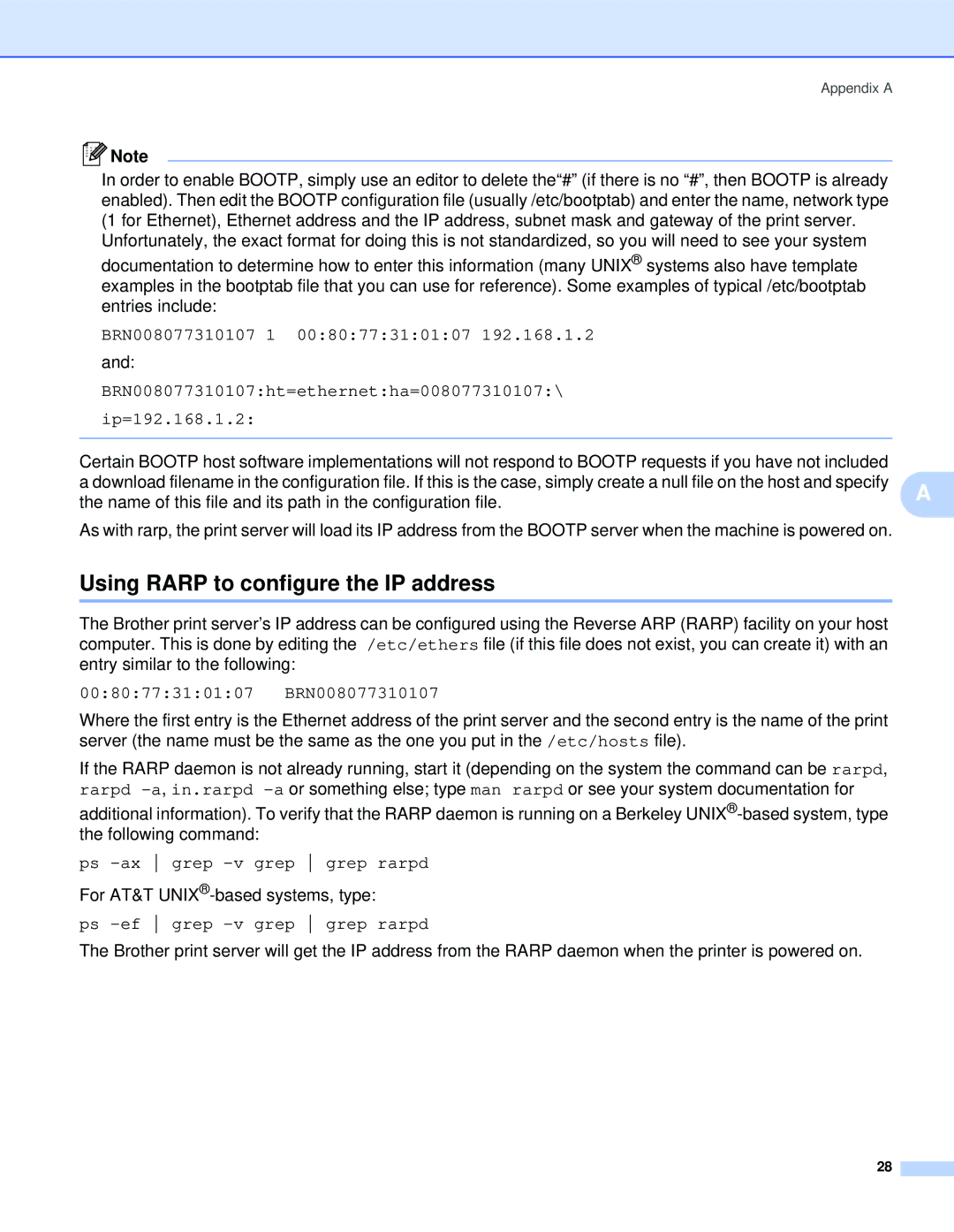 Brother QL-1060N Using Rarp to configure the IP address, 008077310107 BRN008077310107, Ps -ax grep -v grep grep rarpd 