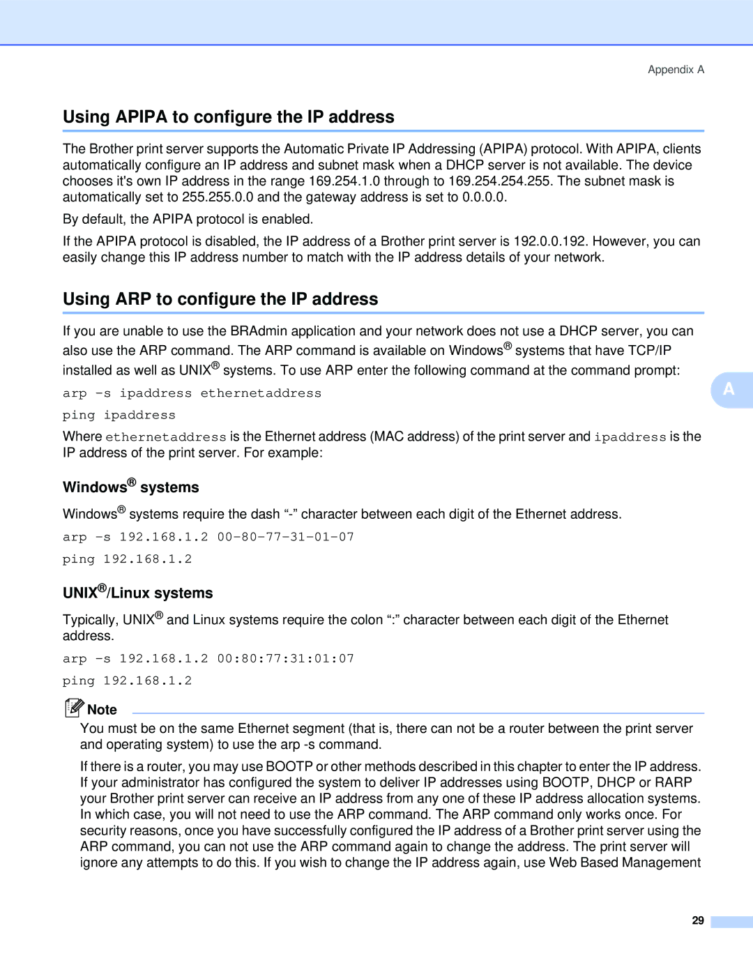 Brother QL-1060N manual Using Apipa to configure the IP address, Using ARP to configure the IP address, Windows systems 