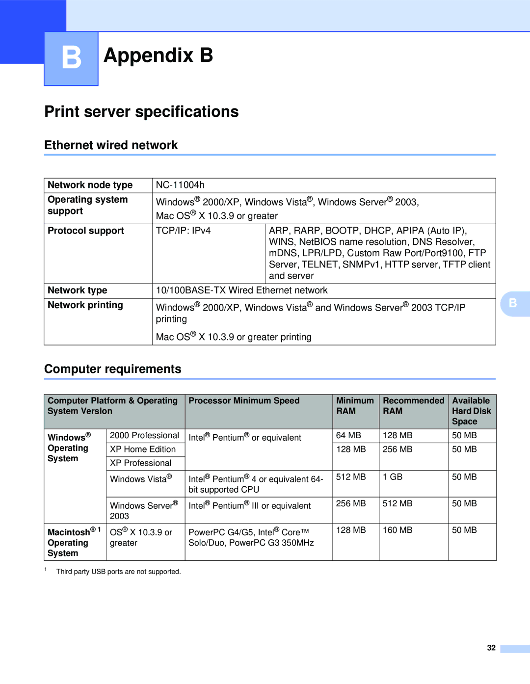 Brother QL-1060N manual Appendix B, Print server specifications, Ethernet wired network, Computer requirements 