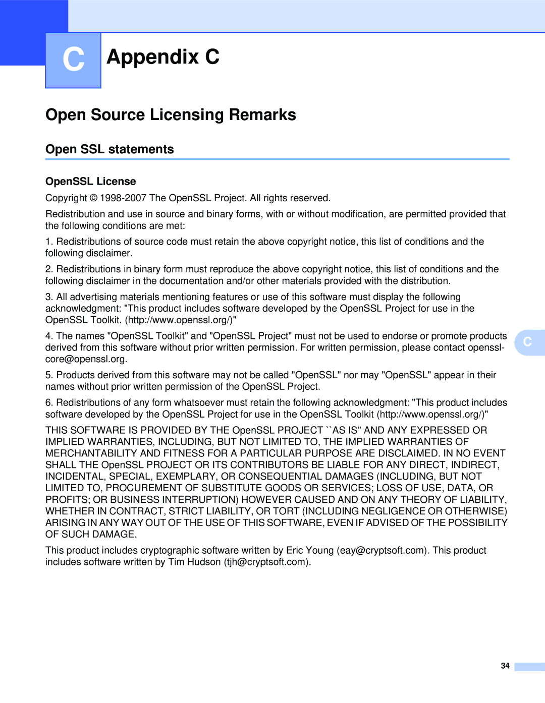 Brother QL-1060N manual Appendix C, Open Source Licensing Remarks, Open SSL statements, OpenSSL License 