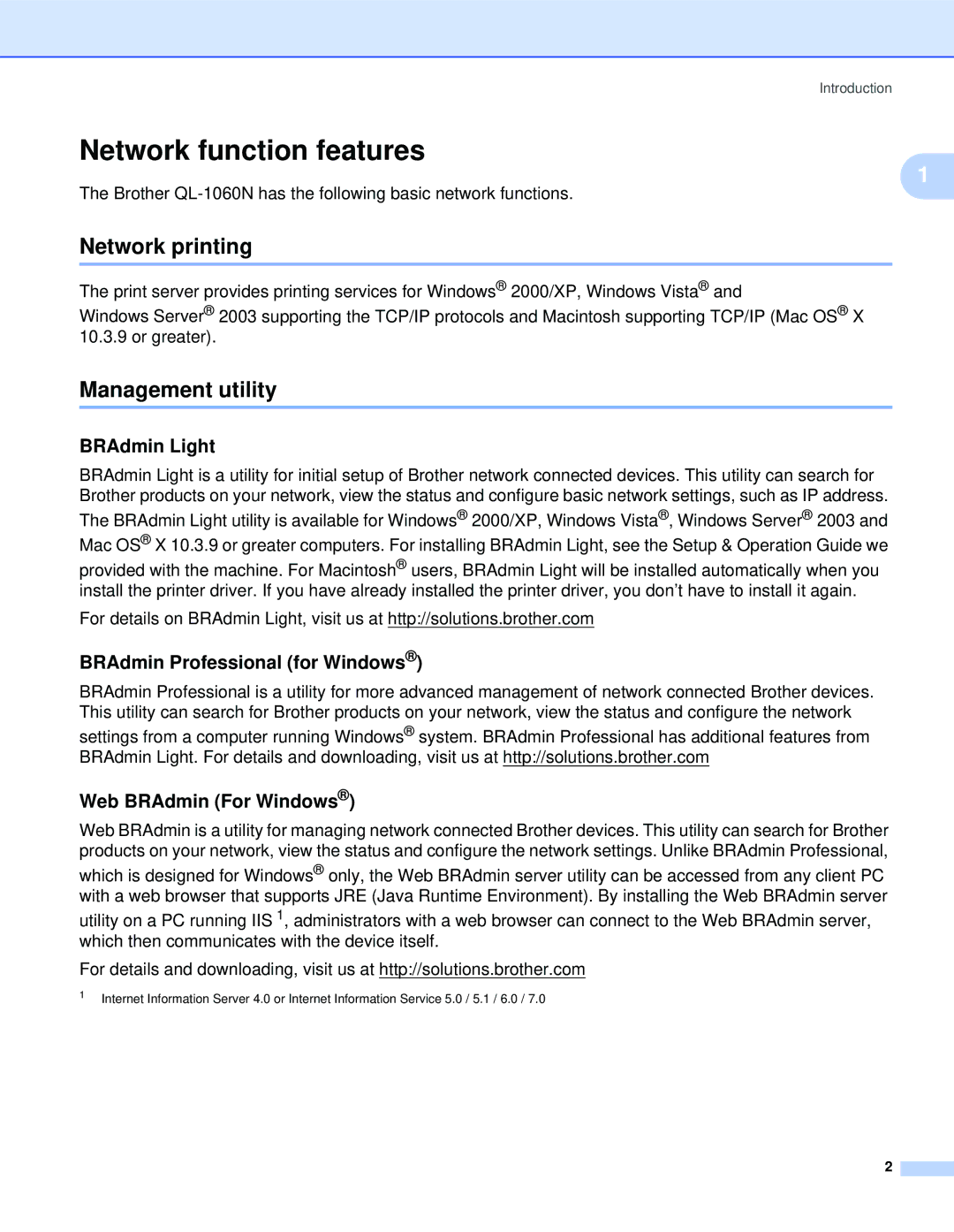 Brother QL-1060N manual Network function features, Network printing, Management utility 