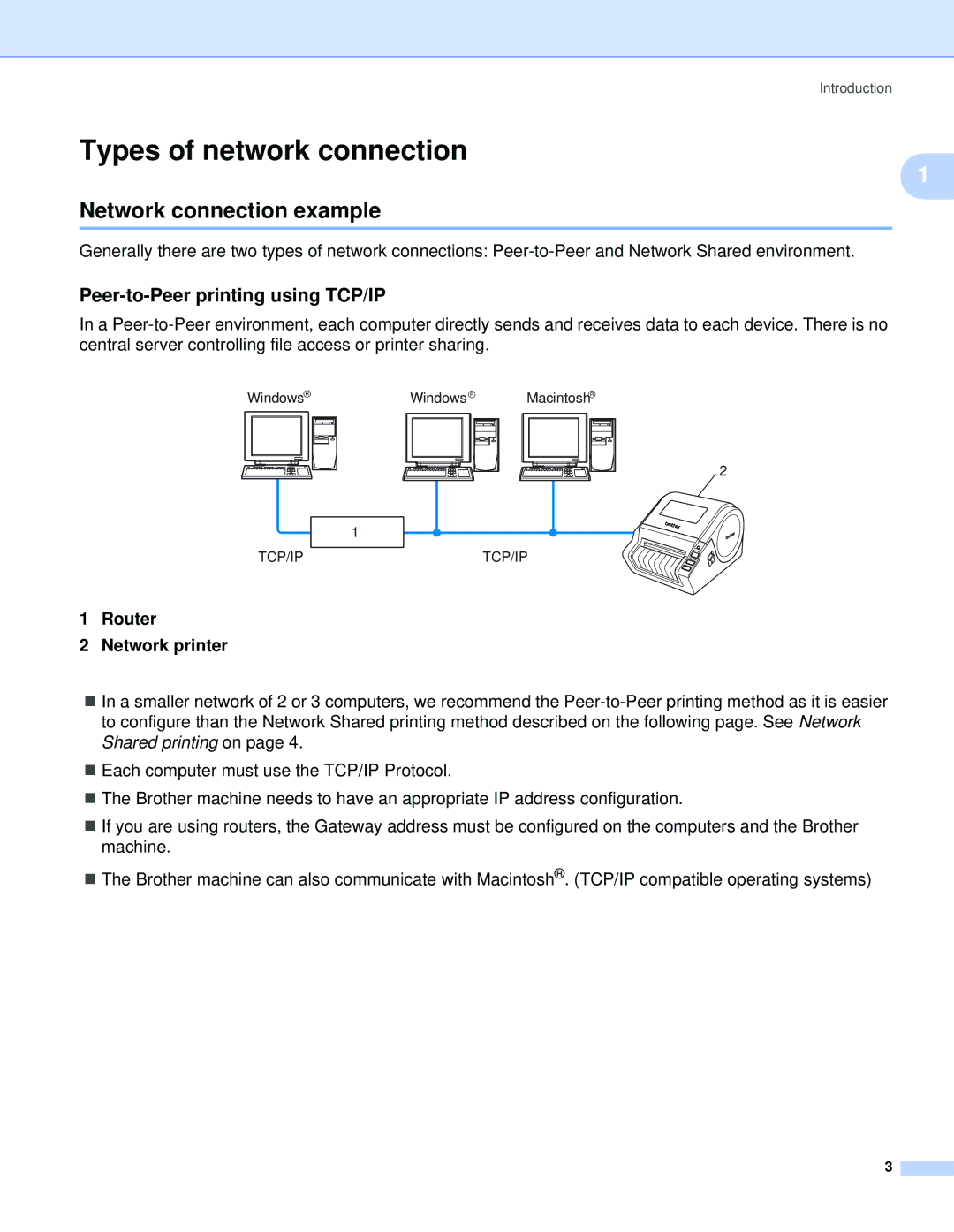 Brother QL-1060N manual Types of network connection, Network connection example, Peer-to-Peer printing using TCP/IP 