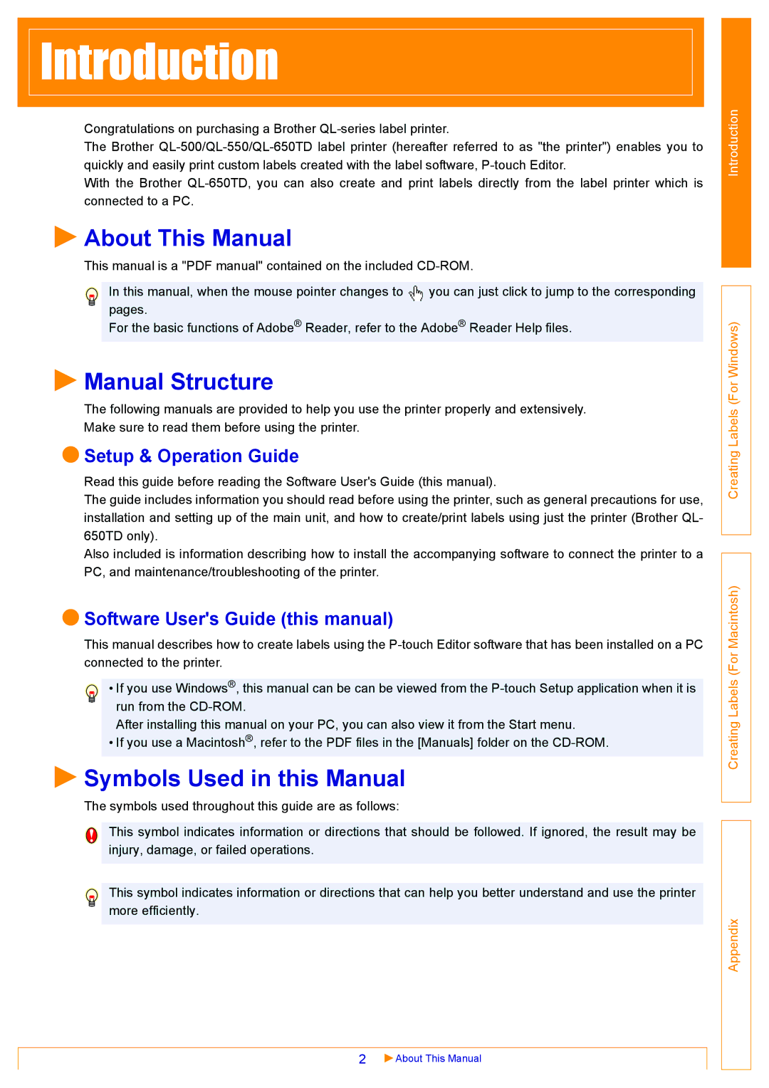 Brother QL-650TD, QL-500, QL-550 About This Manual, Manual Structure, Symbols Used in this Manual, Setup & Operation Guide 