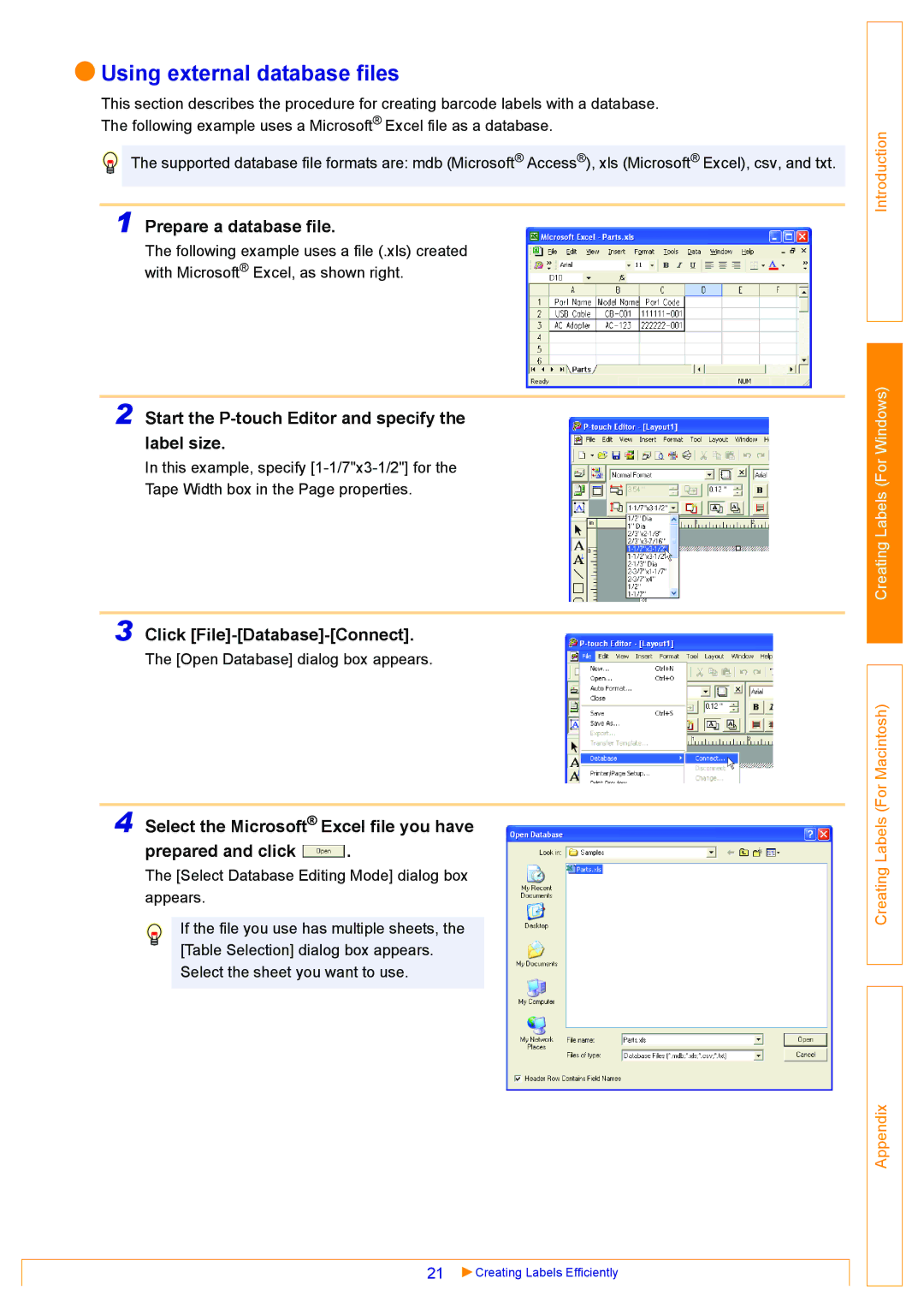 Brother QL-500 Using external database files, Prepare a database file, Start the P-touch Editor and specify the label size 